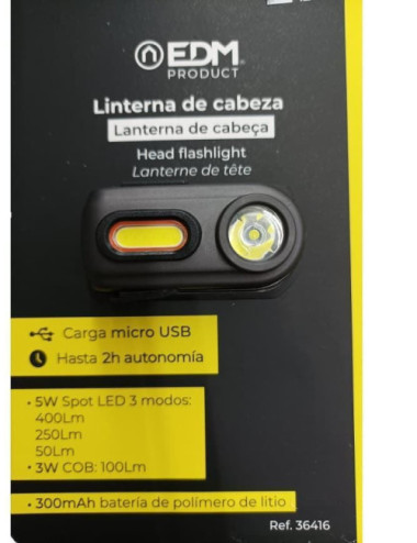 LINTERNA de Cabeza EDM LED Recargable 400Lm